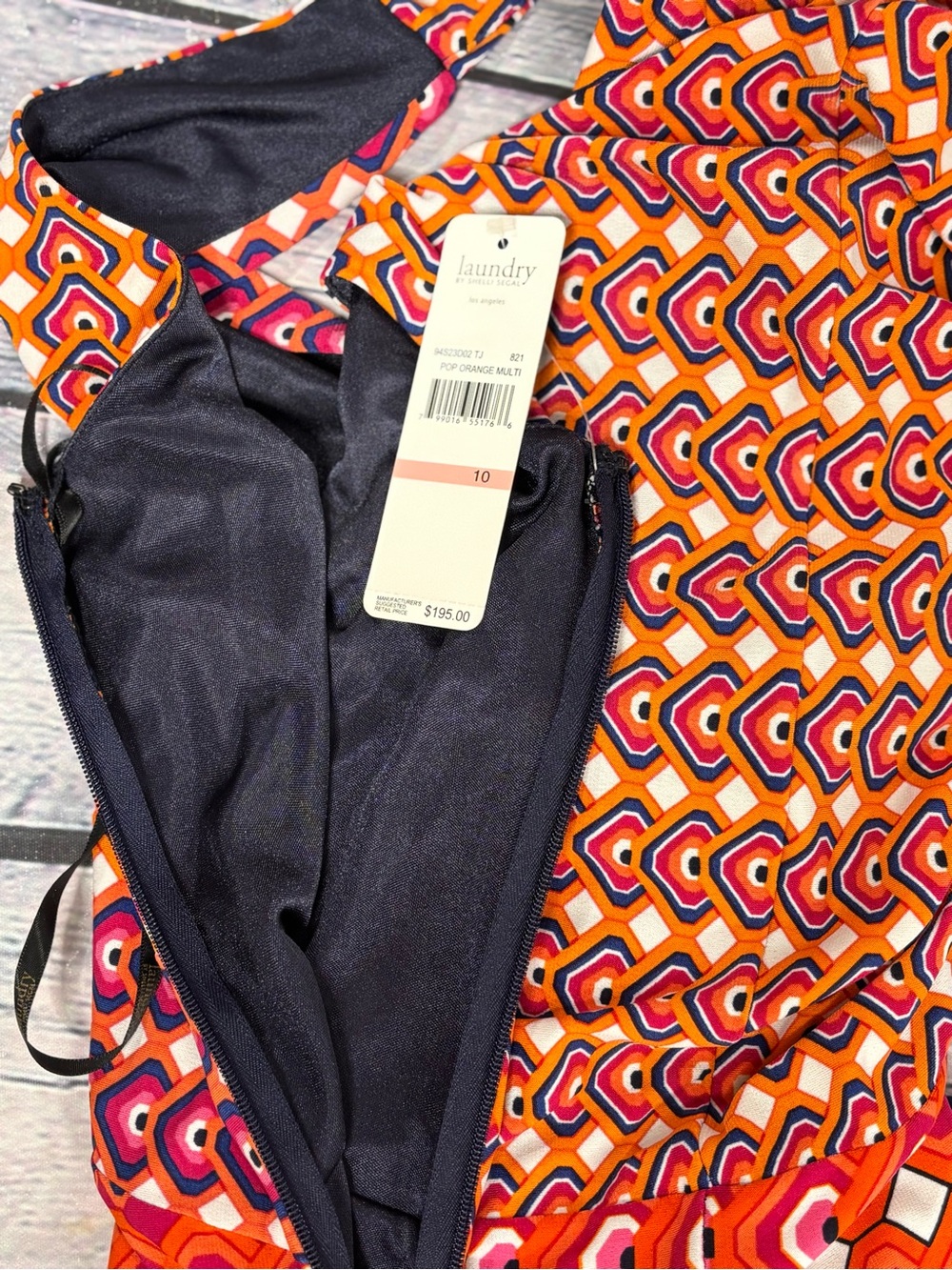 NWT Laundry by Shelli Segal Vibrant Orange Navy Sleeveless Geo Party Dress 10 - Picture 10 of 13